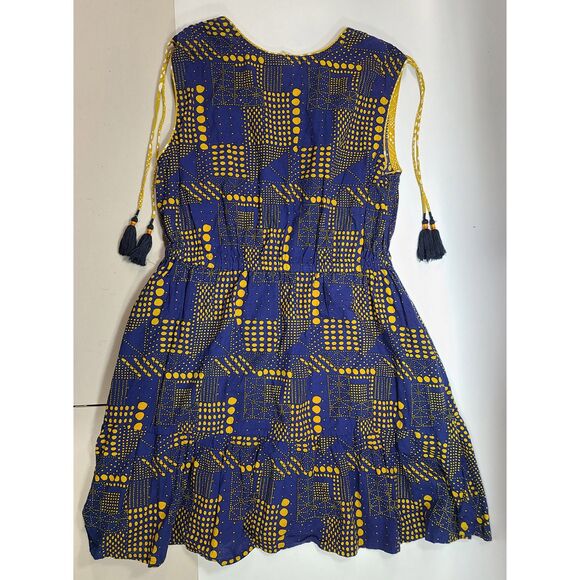 Mata Traders Blue Yellow Geometric Print Tassel Tie Summer Dress Anthropologie - Picture 5 of 5